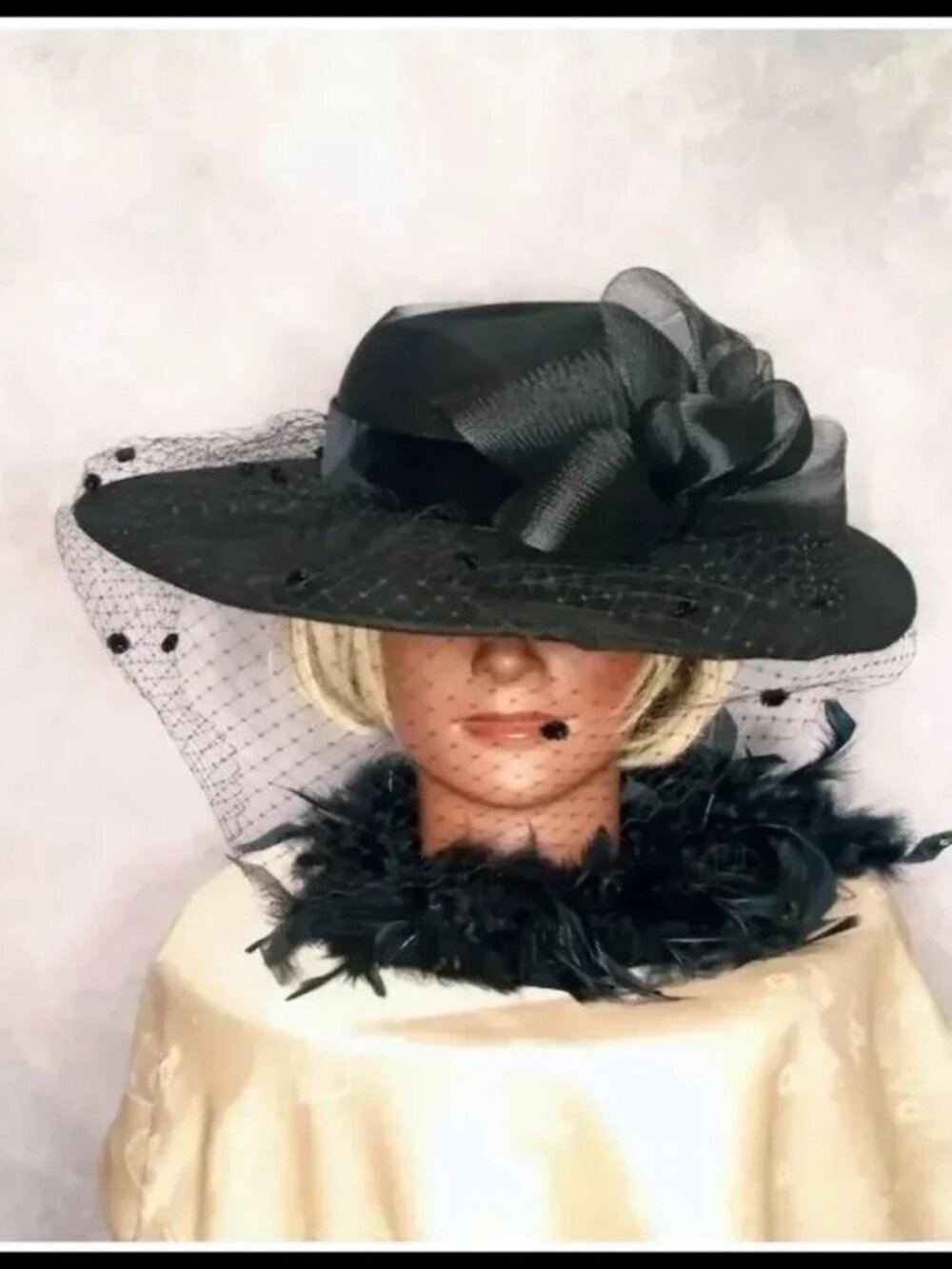 Vintage Black Hat & HATBOX, Wide Brim 80s does 40s Film Noir Femme Fatale - Picture 3 of 8